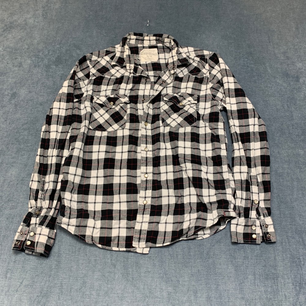 Aeropostale Western Shirt Mens M White Black Plaid Pearl Snap Button Up Cowboy